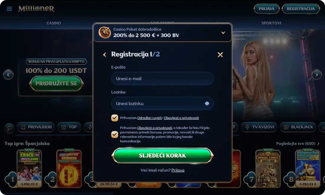millioner casino registracija